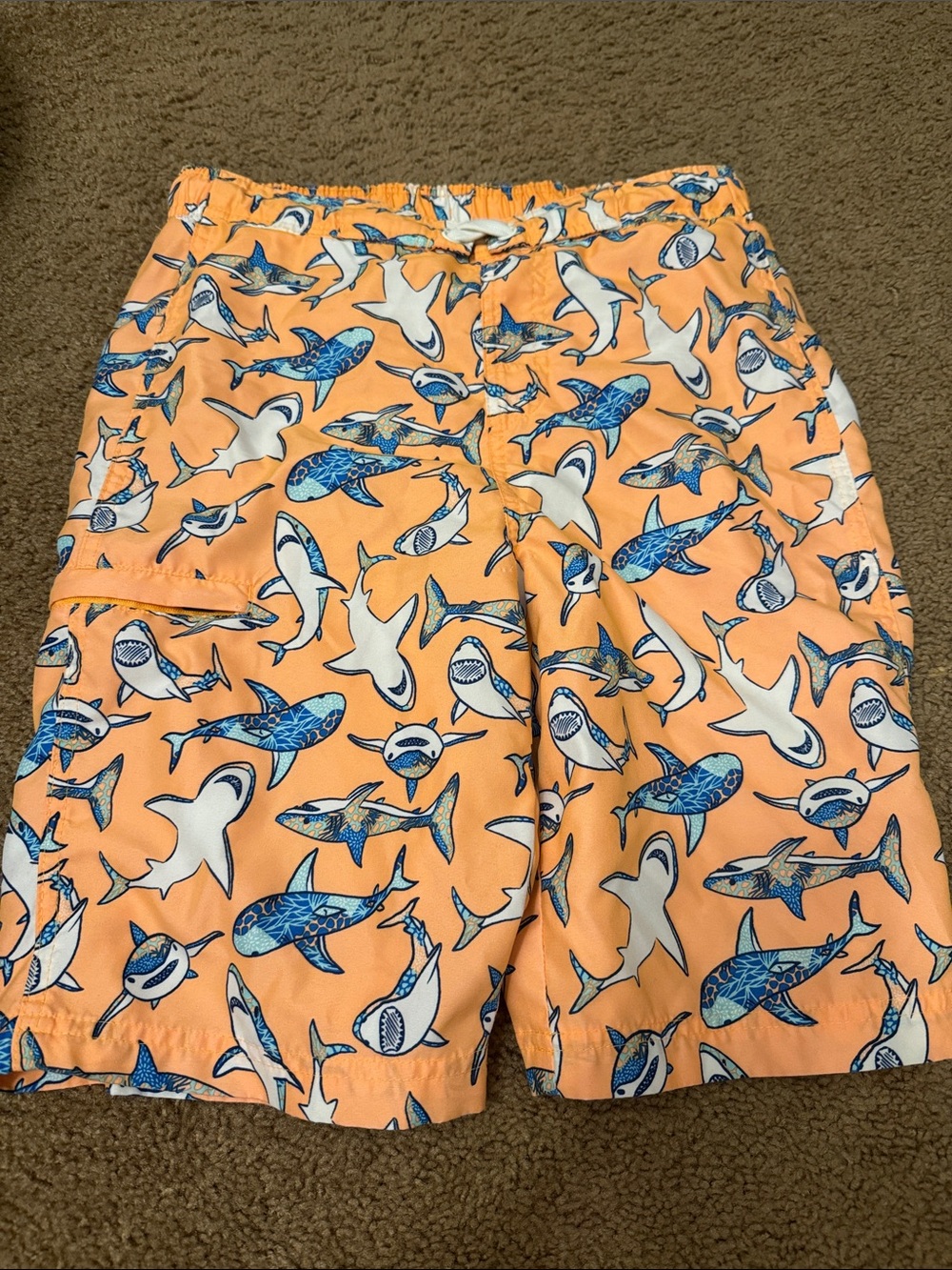 Orange Shark Print Swim Trunks